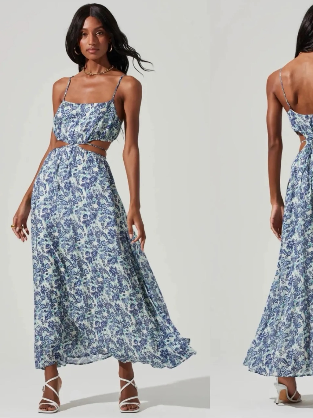 Astr Blue Maxi Dress With Floral Print And Cut Out